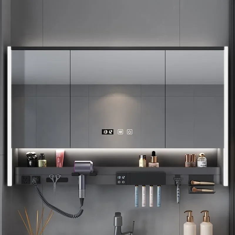 Multifunctional smart bathroom mirror cabinet with hair dryer, toothbrush, disinfection rack, laminate, ambient light, bathroom