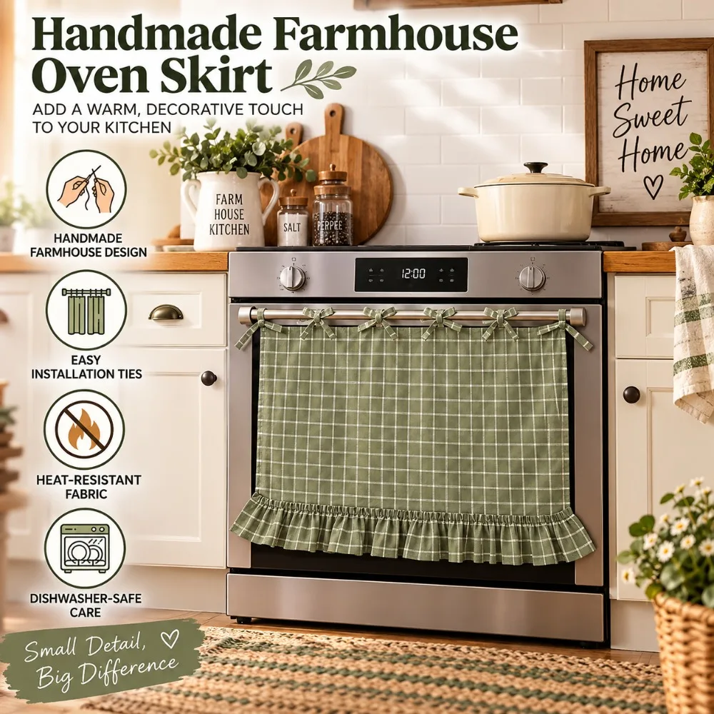 Farmhouse Cotton-Polyester Blend Oven Curtain Green Window Treatment Farmhouse Curtain Heat Safe Curtain Kitchen Decor