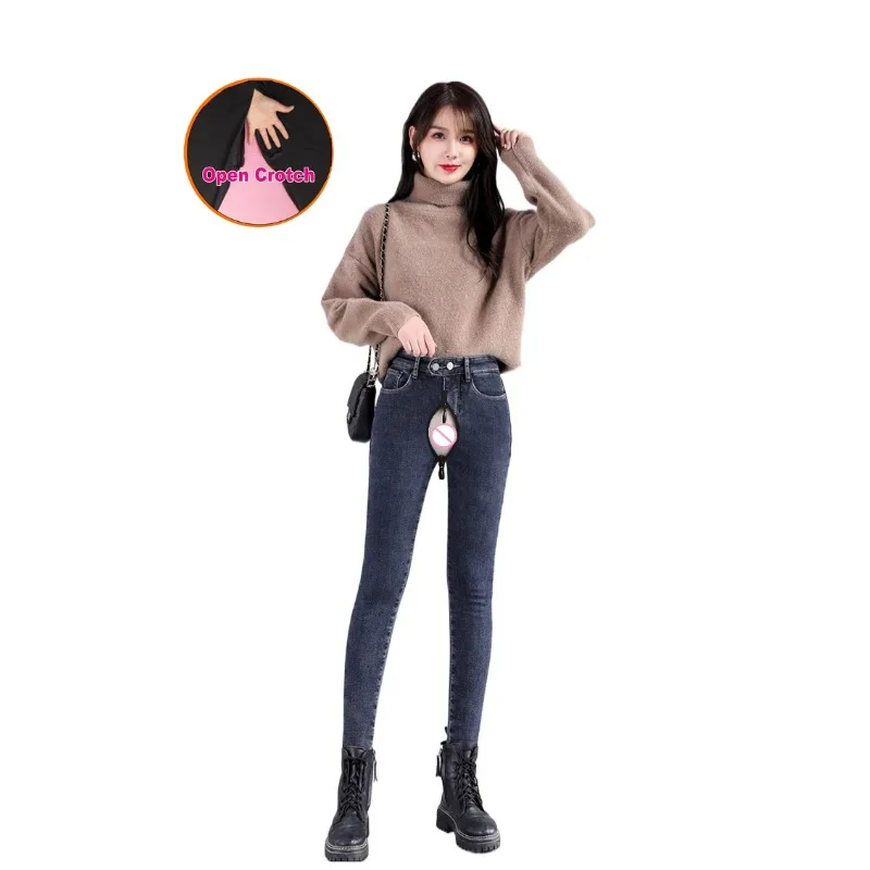 Celana Wanita Model Open Crotch Berbahan Thermal Fleece Jeans Hitam Pinggang Tinggi Slim Fit Stretch Skinny Tapered Celana Musim Dingin Hangat Tebal