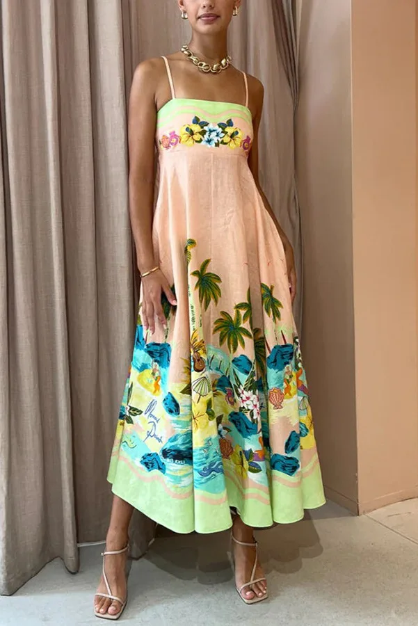 

Платье женское на бретельках, Элегантное Длинное повседневное свободное платье-трапеция для отпуска, без рукавов, с открытой спиной, а-силуэт, на лето