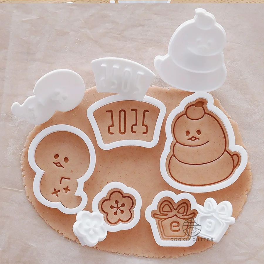 2025 Chinese Snake Spring Festival Cookie Cutter Mold Snake Peach Flower Lucky Bag Biscuit Stamp Embosser New Year Baking Gadget