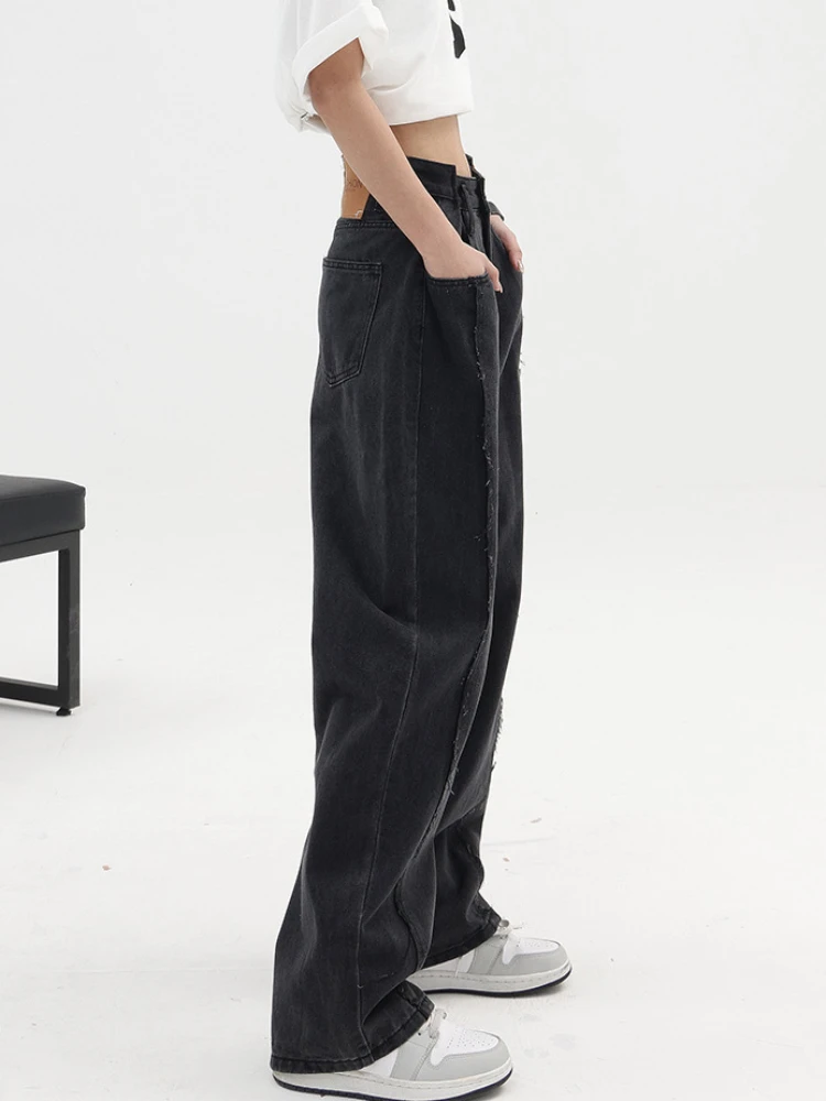 QWEEK Baggy Vintage Jeans Women Y2k High Waist Harajuku Black Trousers Streetwear Straight Casual Loose Denim Wide Leg Pants