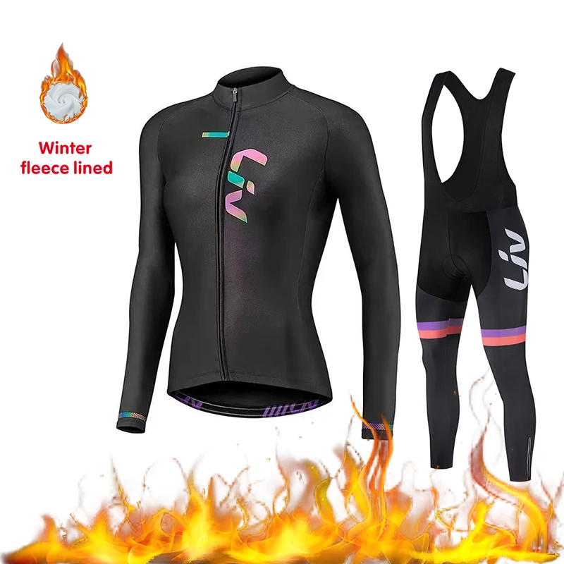 LIV Women's Bicycle Sweatshirt Set Winter Plush Bicycle Strap Pants Sponge Cushion Road Bike Cycling Jersey Cycling Paddle