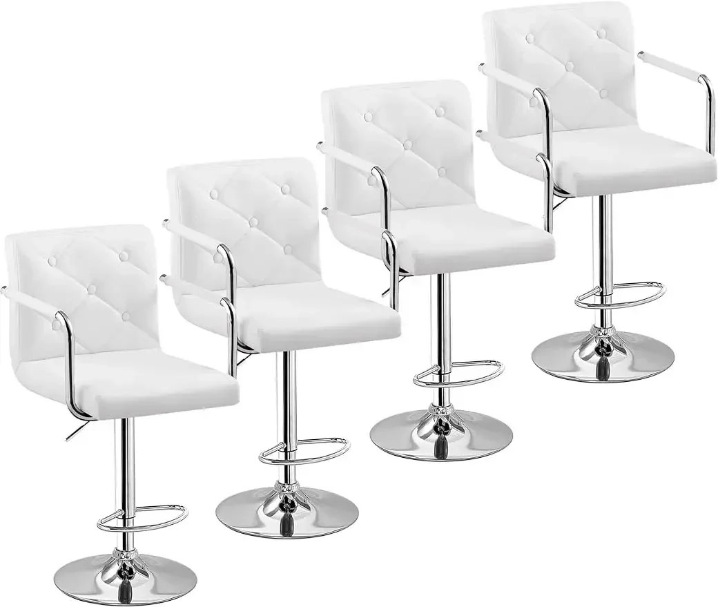 VECELO Bar Stools, Adjustable  Stools Set of 4, Counter Height stool with Back and Arms, , White