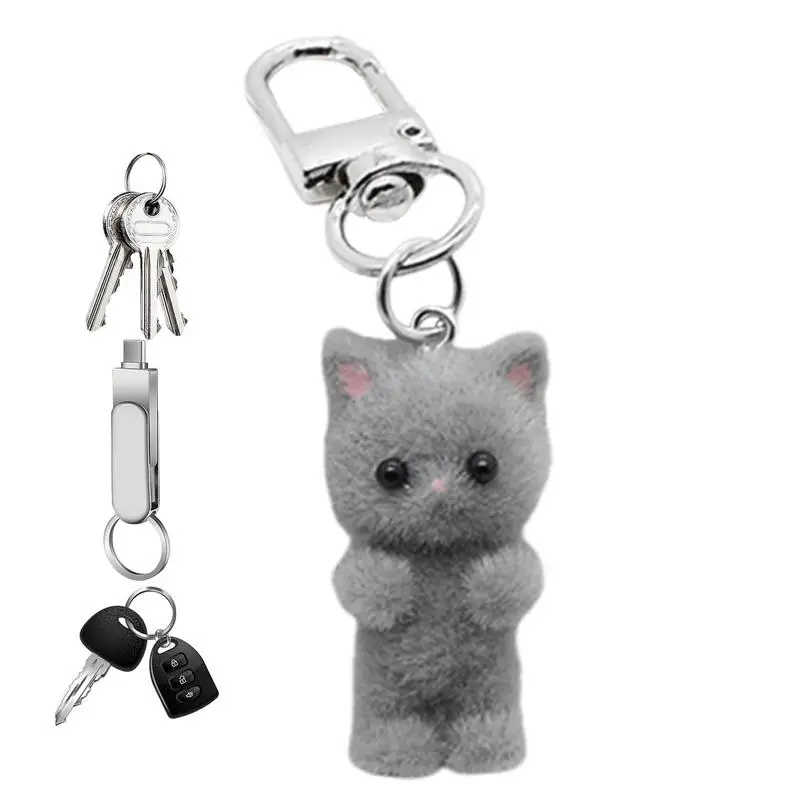 Cat Keychain Cute Kitten Flocked Keychain Kawaii Cat Key Ring Cartoon Animal Key Holder For Bags Keys Backpacks For Kids Adults