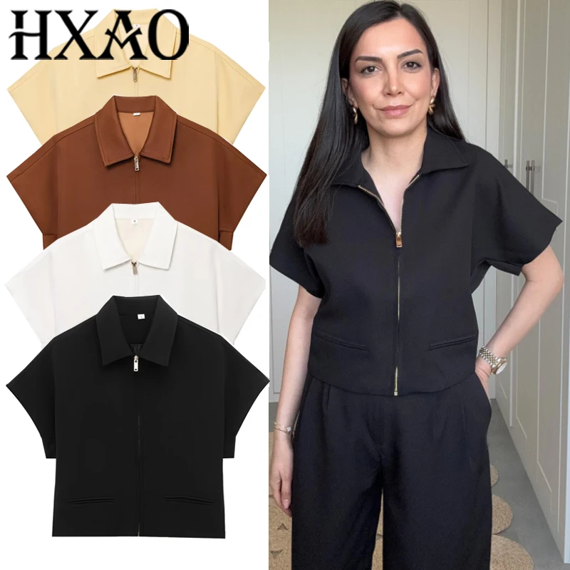 

HXAO Woman Jackets Outerwears Zip Up Cropped Black Jacket Short Sleeve Solid Casual Coats Fashion Summer Bomber Jackets Women