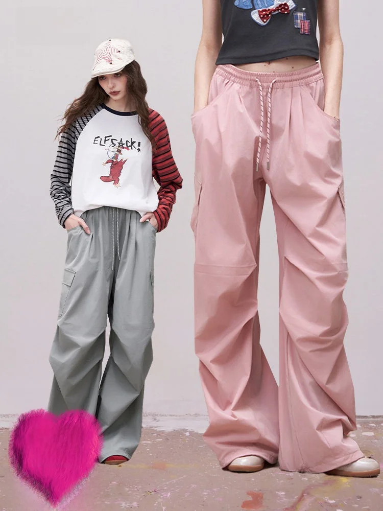 

Casual Loose Women's Workwear Pants Summer Wide Leg Pants Lazy Feel Pink Leisure Pants for Ladies High Waist Pocket Design