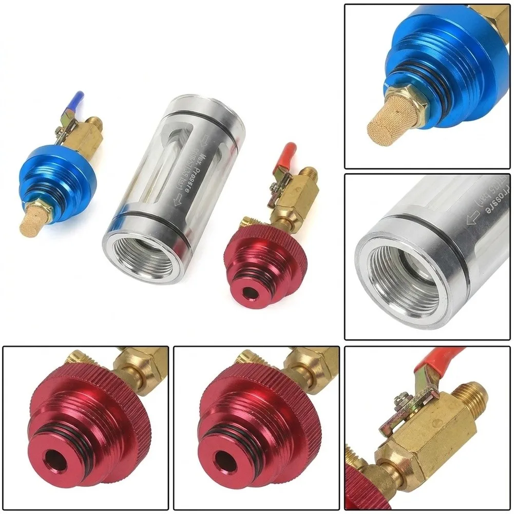 AC Refrigeration Oil Filter Tool with Visual Inspection Tube Brass Control Valves and Connecting Hoses for Auto