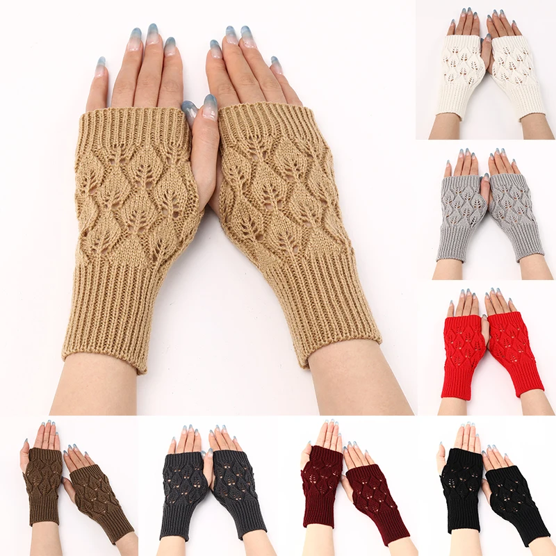 

Winter Warm Fingerless Gloves Knitted Women Mitten Stretch Half Finger Gloves Crochet Openwork Gloves Solid Color Woolen Gloves