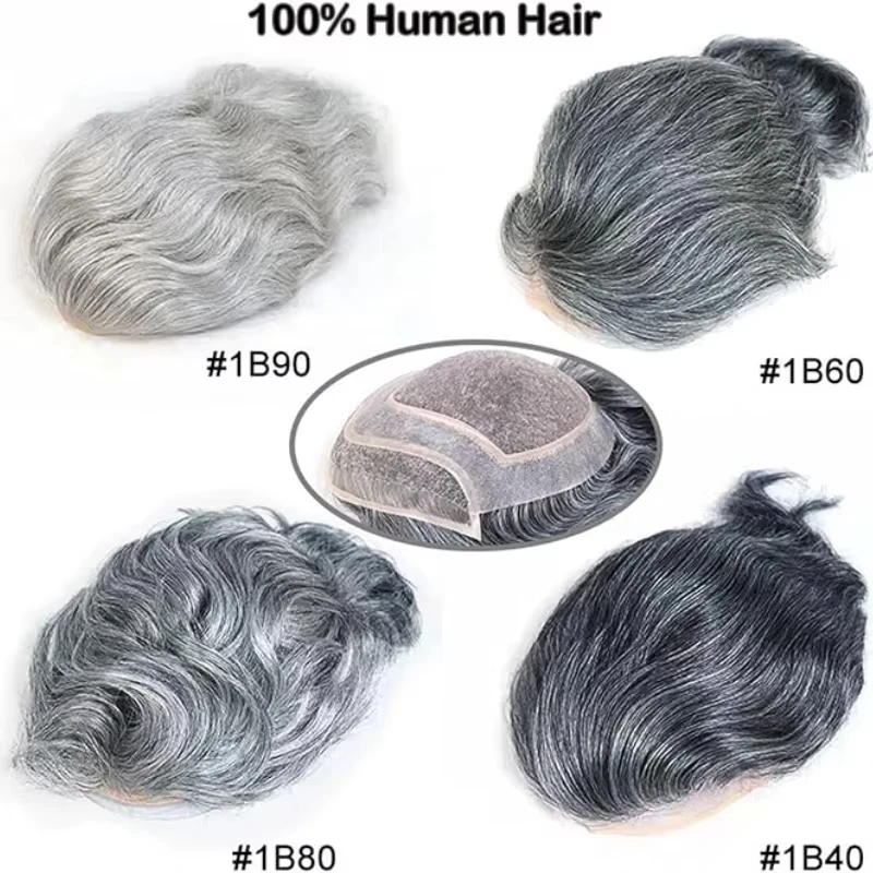 شعر مستعار رمادي للرجال قاعدة أحادية 8 × 10 بوصة شعر بشري دانتيل مع ألوان خفيفة الوزن من البولي يوريثان 1B60 # 7 # 613 للراحة