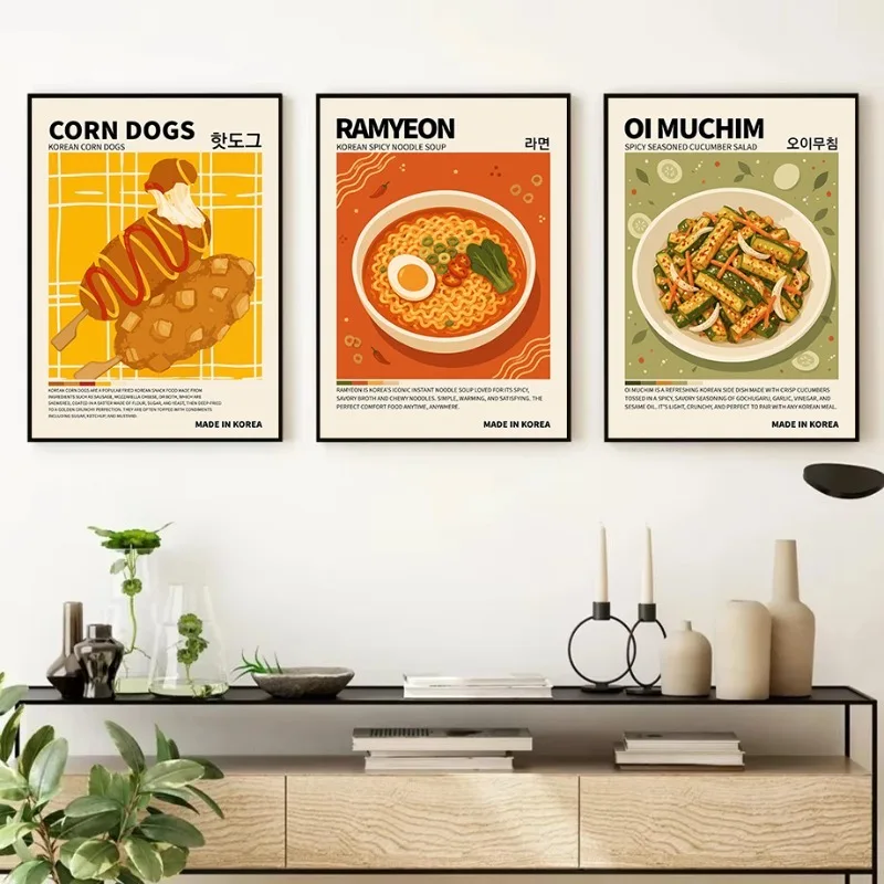 Retro Delicious Asian Food Korean Traditional Cuisine Bibimbap S-Soju Kimchi Poster Canvas Painting Wall Pictures Home Decor