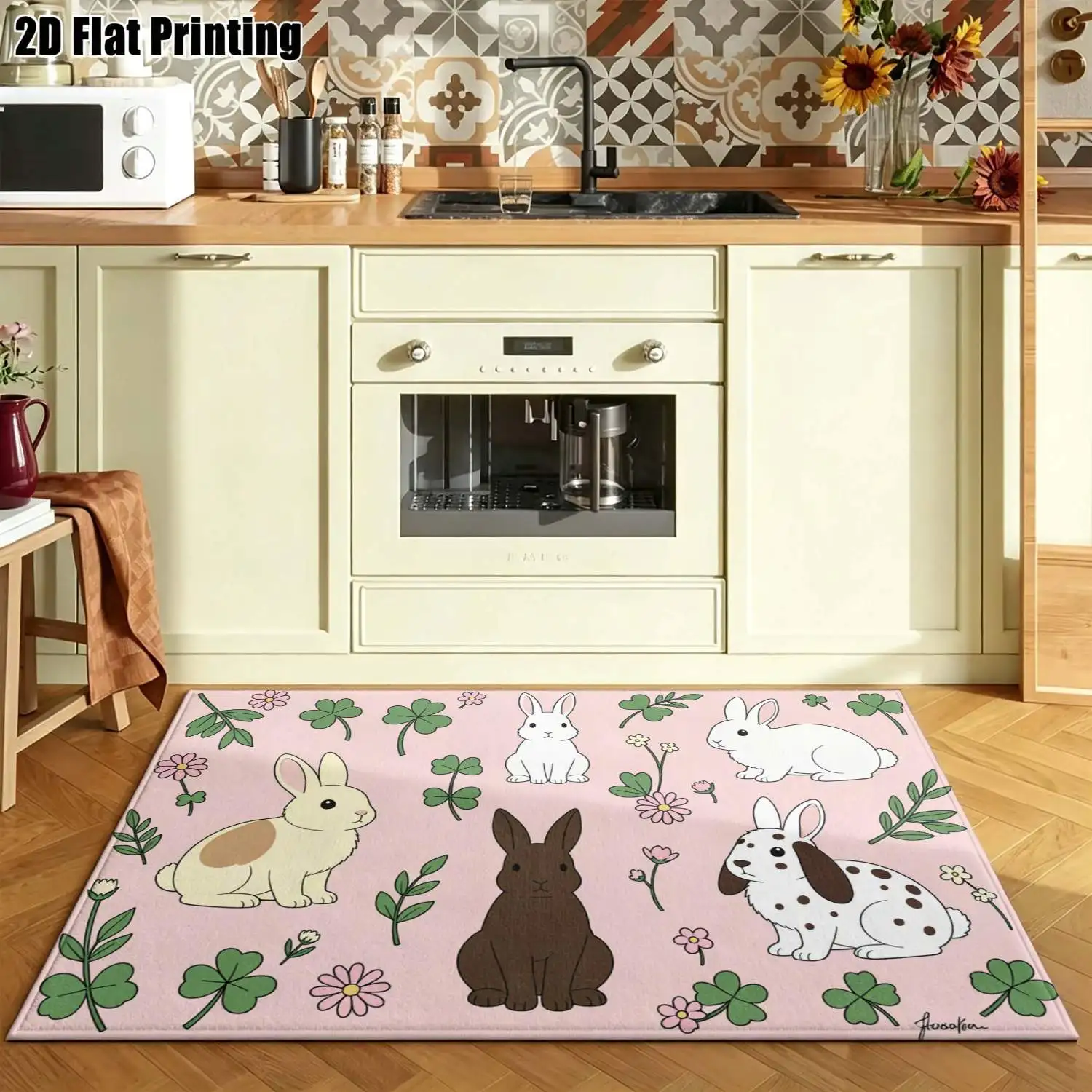 1Pc 2D Printed Carpet: Light Pink Rabbit Grass Pattern, Instagram Nordic Style Floor Mat, Machine Washable, Multi-Size for Home Decor
