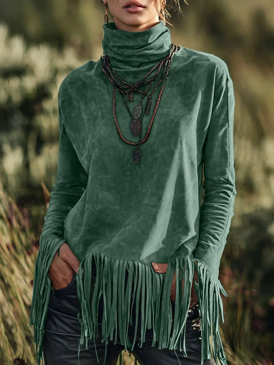 Women's Turtleneck Tassel Hem T shirt Long Sleeve Solid Suede Vintage Casual Retro Chic Boho Autumn Tee Tops