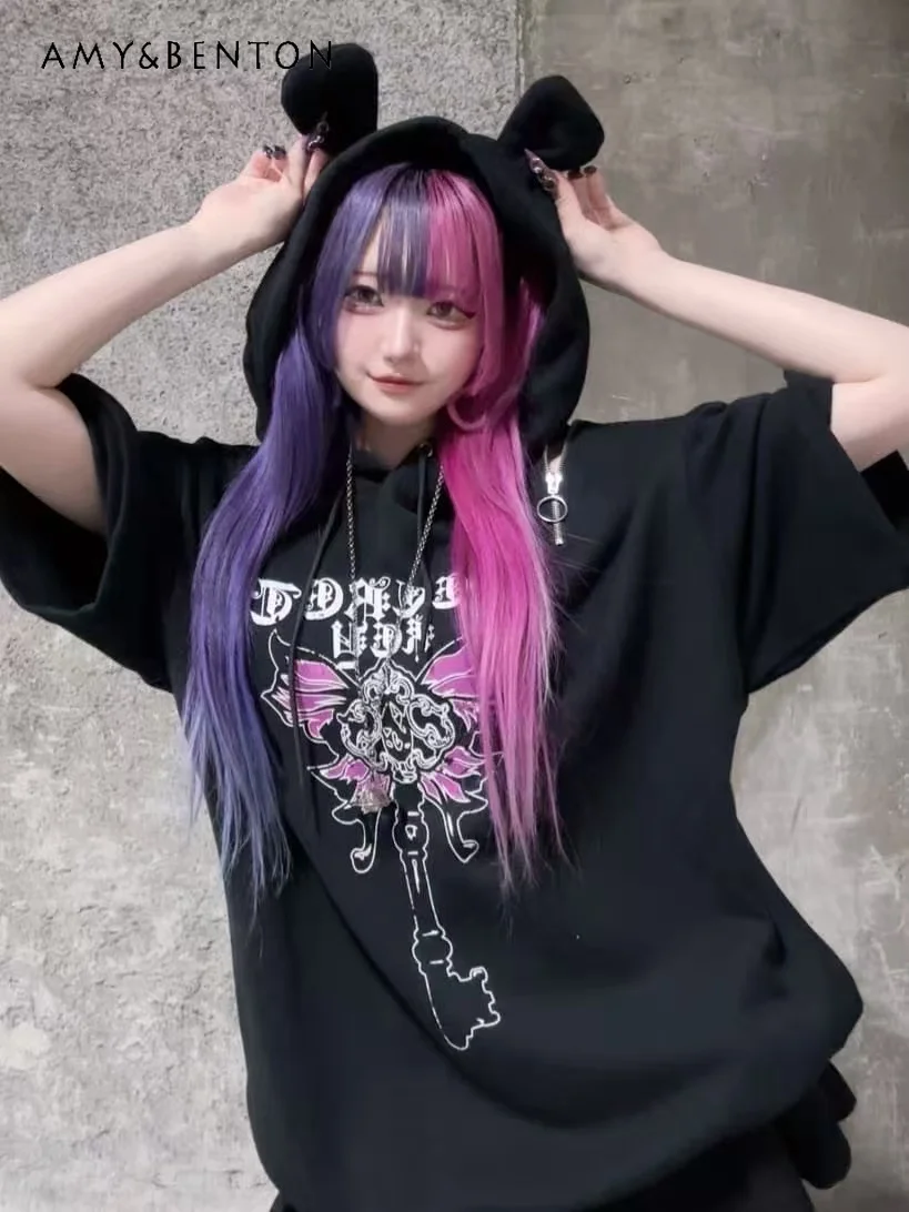 Japanese Harajuku Subculture Butterfly Print Bear Ears Hooded Sweater Zipper Off Shoulder Half Sleeve Mine Goth Oversized Hoodie