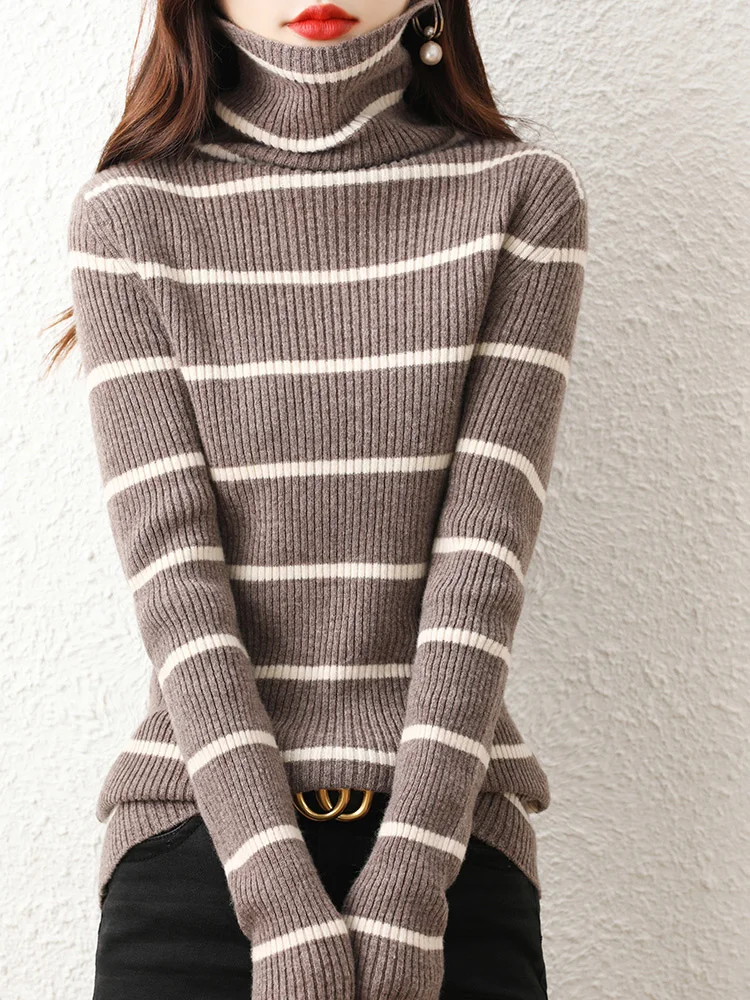 

Autumn Winter Women Fine Wool Elasticity Sweater High Collar Color Blocking Splicing Pullover Knitwear Thick Clothing Basic Top