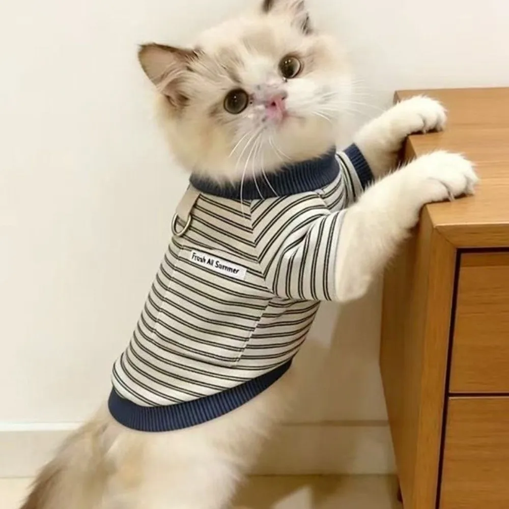 Color-Blocked Dog Striped Shirt Stylish and Cool Crew-Neck Dog Two Legged Clothes Breathable Warm Pet Clothing Autumn