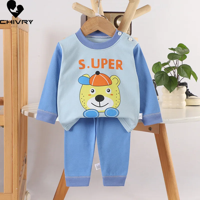 

Kids Autumn Pure Cotton Pajamas Boys Girls Cartoon Long Sleeve T-Shirt Tops + Pants Toddler Baby Warm Sleepwear Clothing Sets