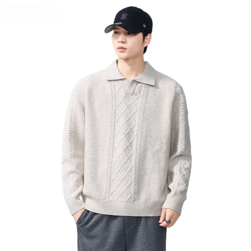 

Сплошной цвет свитер с лацканами мужской осень-зима ретро повседневный простой вязаный пуловер с лацканами и длинными рукавами мужской