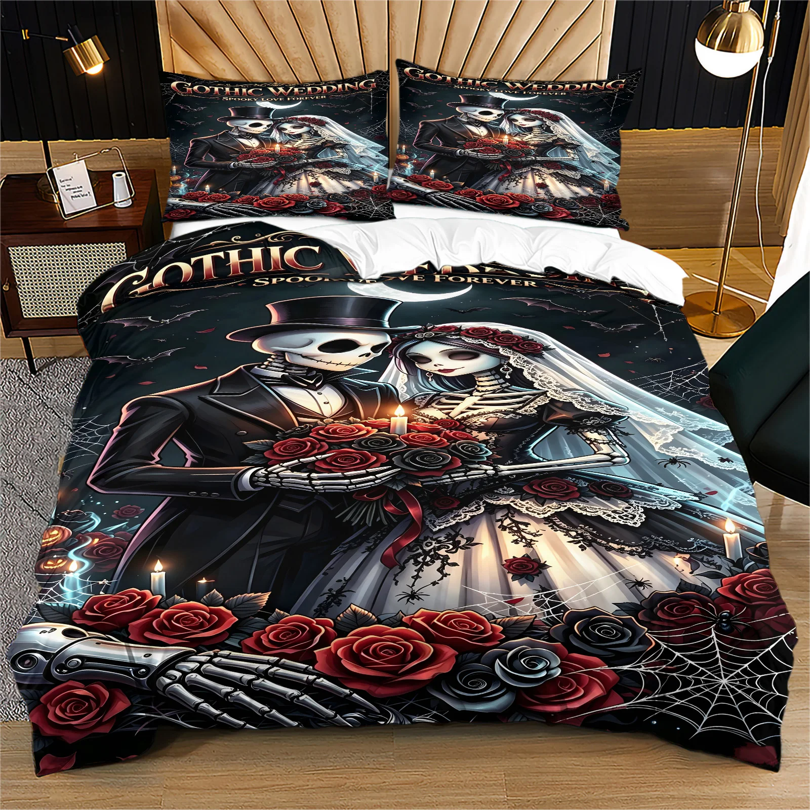 Gothic Wedding Duvet Cover Set Skeleton Bride Groom Bedding Set Red Black Rose Bat Spider Web Halloween Quilt Cover Pillowcase