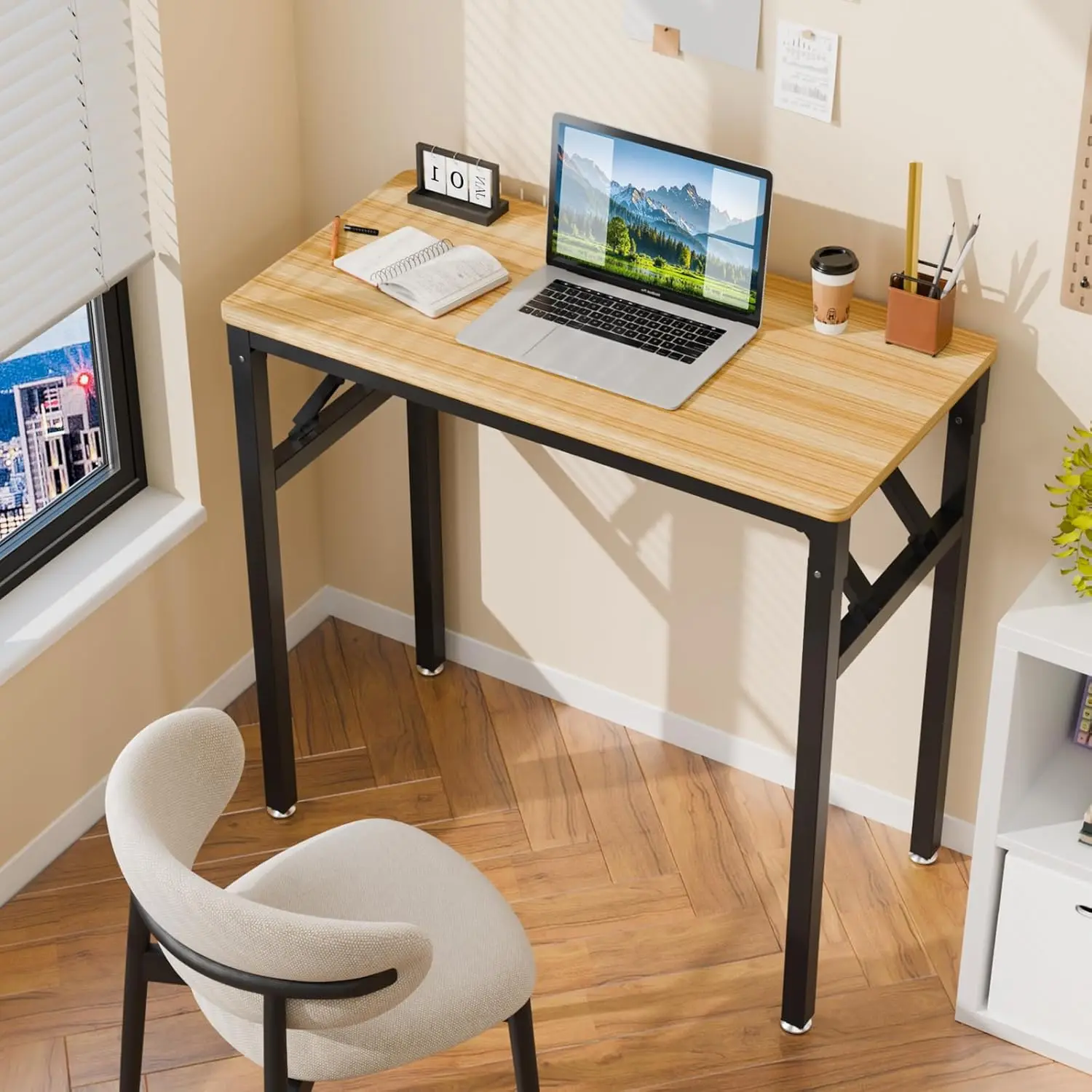 

Small Folding Computer Desk No Assembly Workbench Writing Dining Table 31.5in Teak Black Frame, Customized