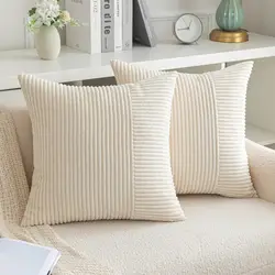 Cream White Striped Patchwork Corduroy Throw Pillow Covers 18x18, Decorative Square Cushion Cover for Couch Sofa Bed Living Room