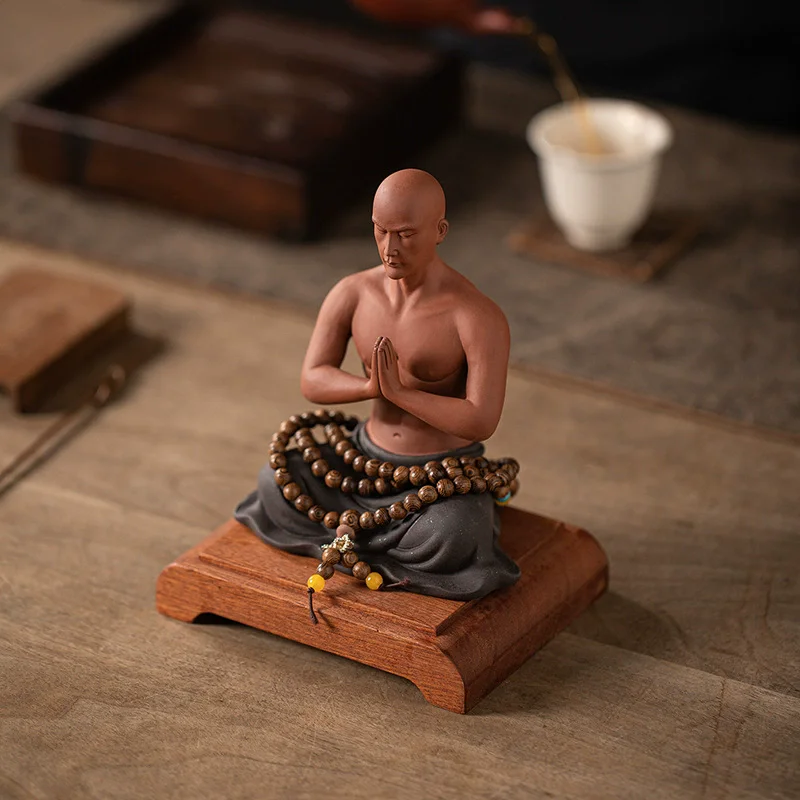 Zen Little Monk Figurine, Buddhist Style Meditation Boy Statue for Home Desk Decor, Tea Room, Fish Tank Ornament & Garden Landsc