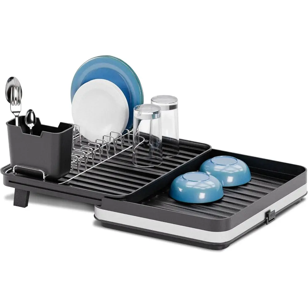 

Large Collapsible Dish Drying Rack with Adjustable Length and Utensil Caddy