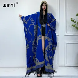 WINYI Winter print coat outfits Women high quality tassels dress Loose Thick Warm Female kaftan poncho Hooded mop coat Abaya