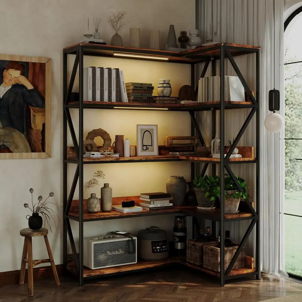 

5-Tier Tall LED Lighted Indoor Plant Bookcase, Vintage Industrial Style Metal & Wood L-Shaped Display Shelves