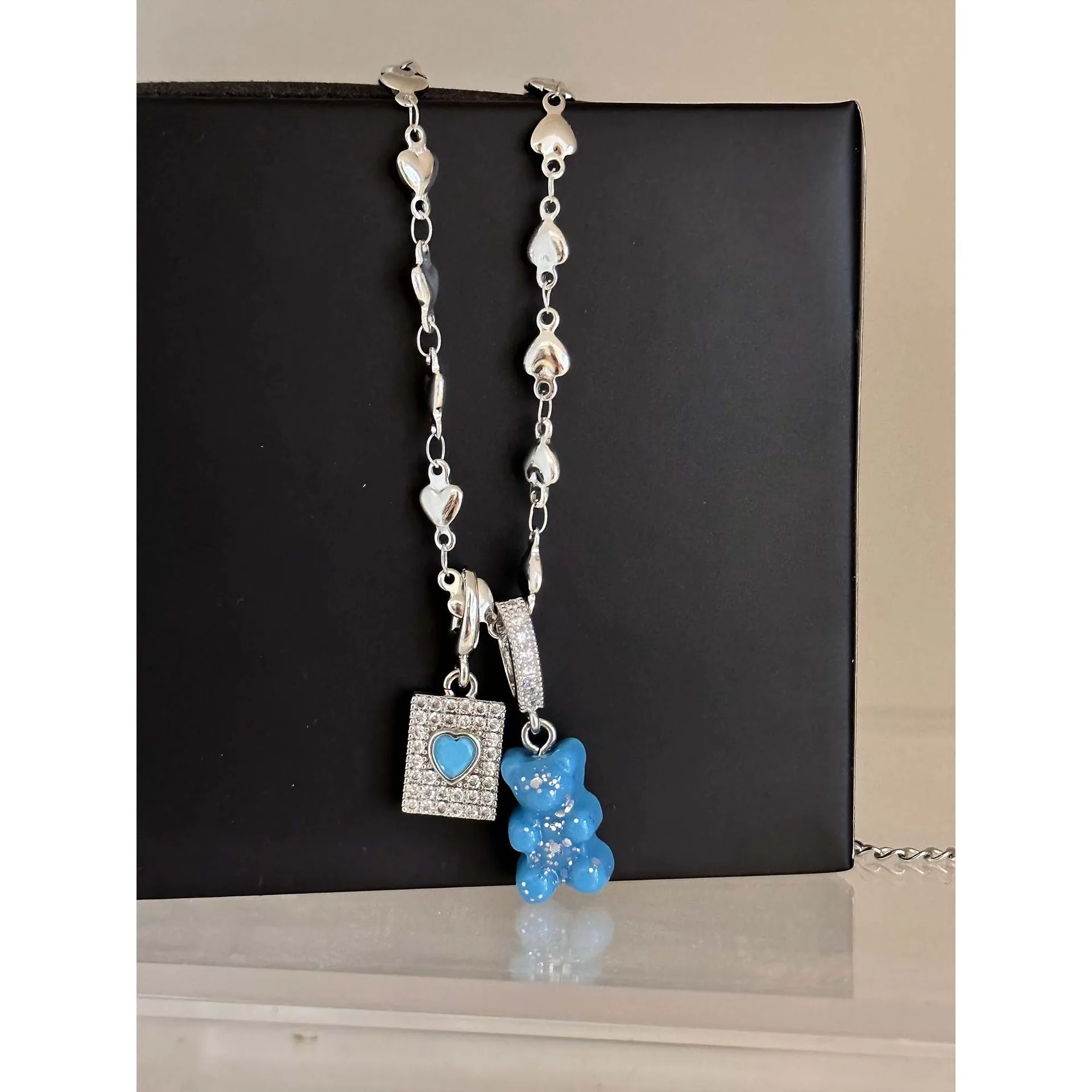 Korean blue gummy cartton heart square pendant necklace cute sweater chain for girls