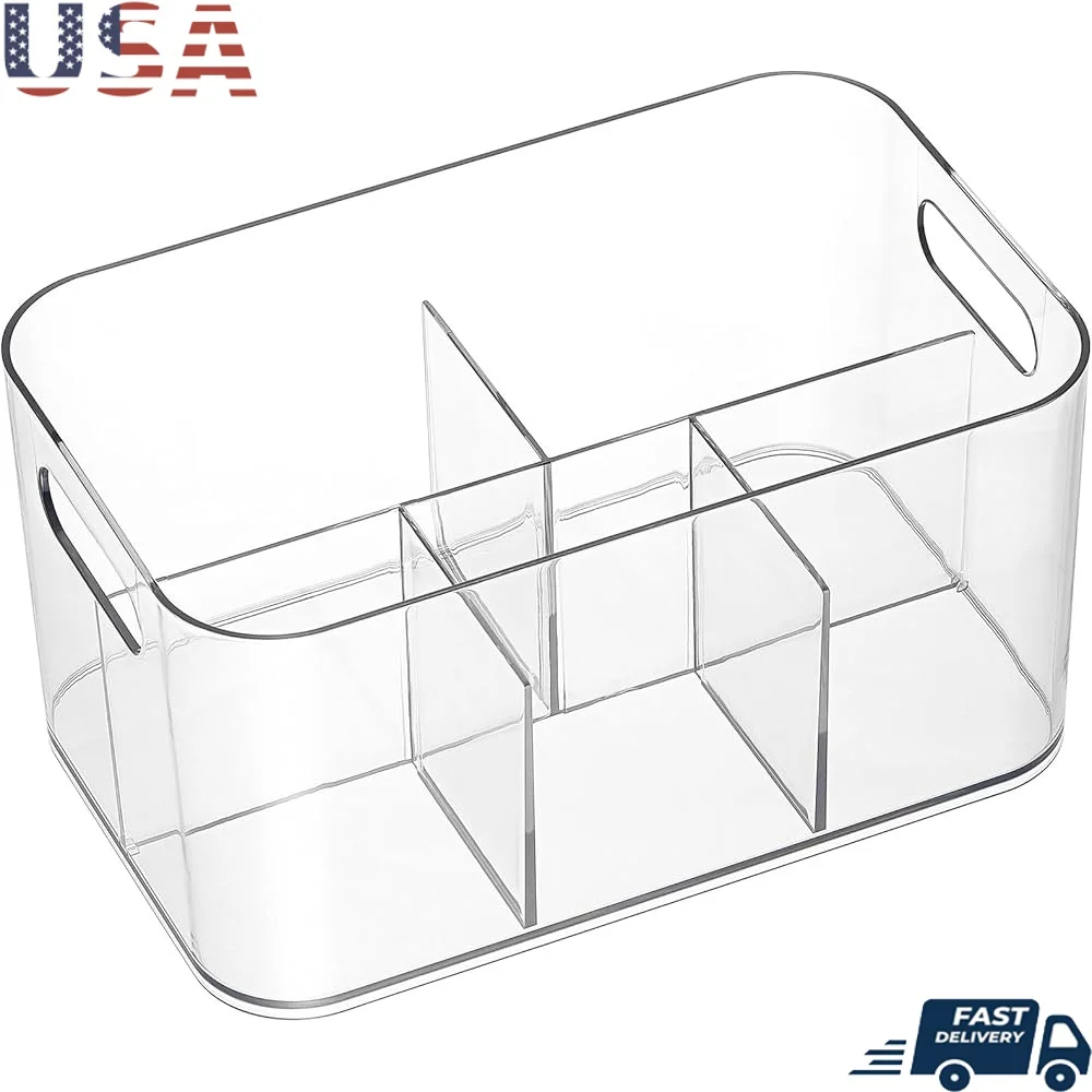 

2 Pack Clear Plastic 5-Compartment Organizer Caddy Multifunction Storage Bin Makeup Bathroom Office Craft Supplies