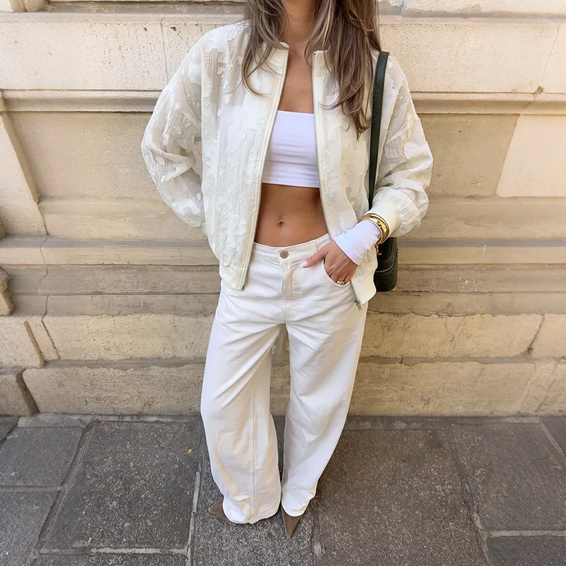 Chic Autumn Winter Gentle Wind Baseball Coats Outwear Jackets Jersey Solid Color Perspective Jacquard Zipper Short Jacket Y2K