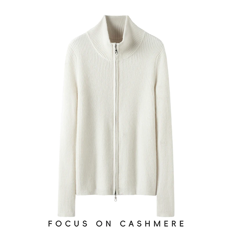 Damski sweter z wysokim kołnierzem, zapinany na zamek, w drobne paski, wykonany w 100% z kaszmiru, swobodny, modny sweter-płaszcz, wygodny, miękki, dzianinowy na jesień i zimę.