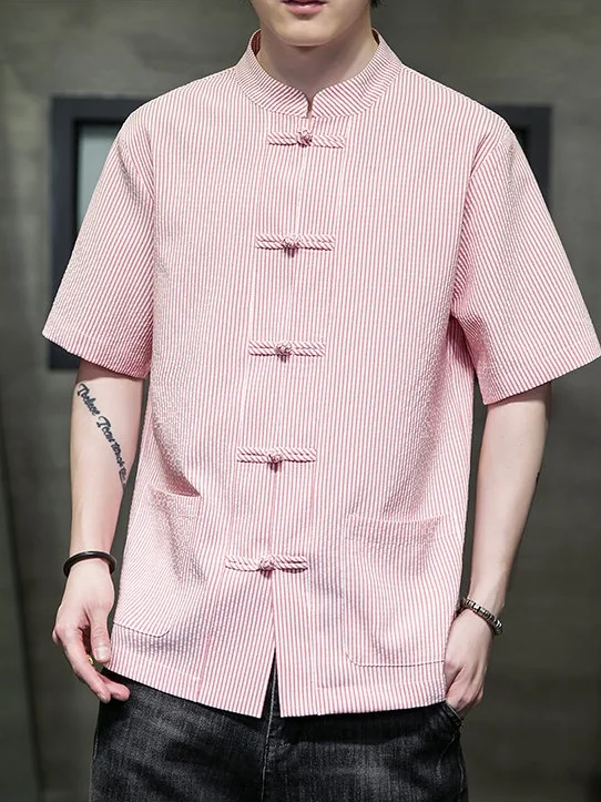 

Мужская свободная летняя тонкая дышащая футболка-поло в стиле ретро с пуговицами, в китайском стиле, повседневная, в полоску