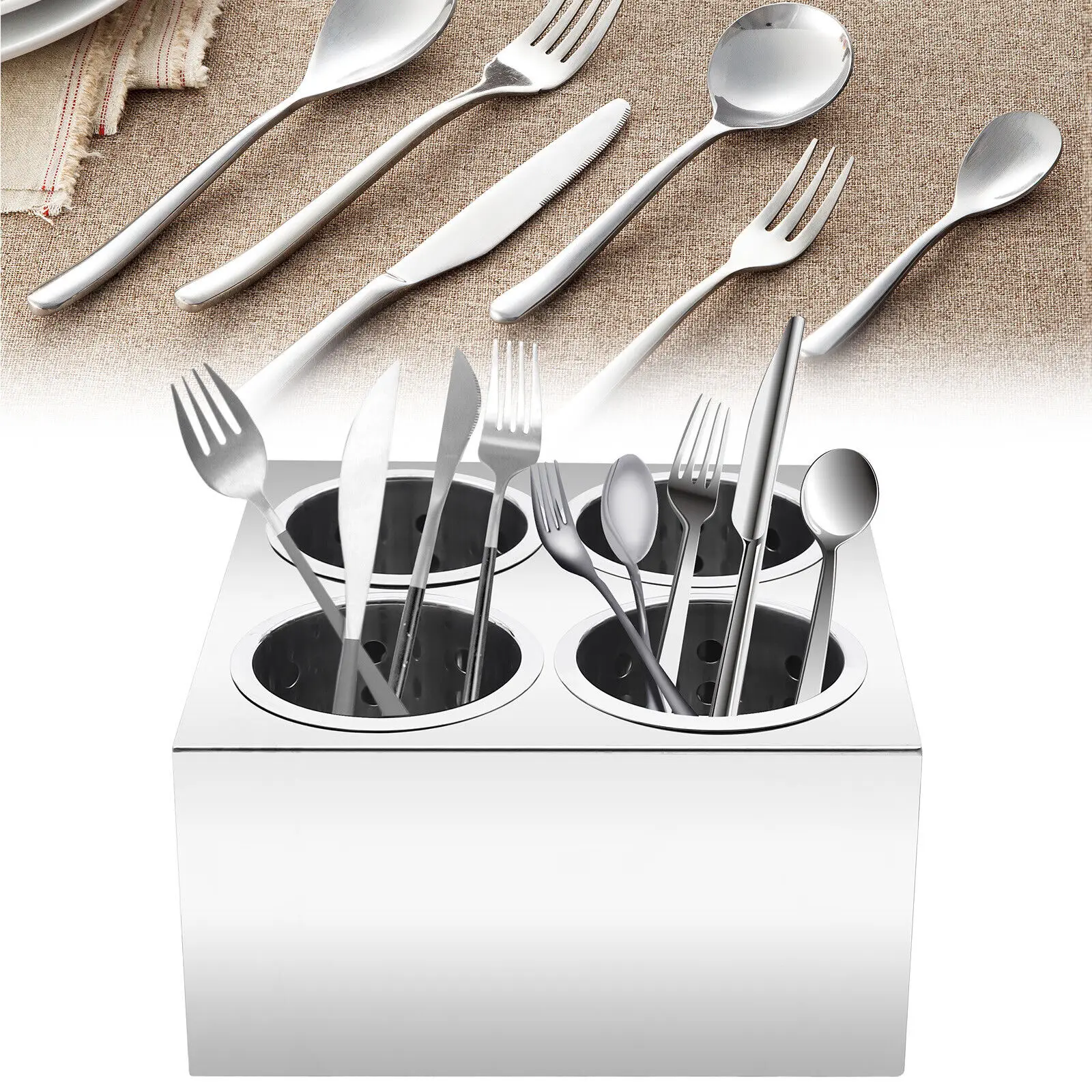 4 Hole Stainless Steel Spoon Container Flatware Holder Storage Box Kitchen USA