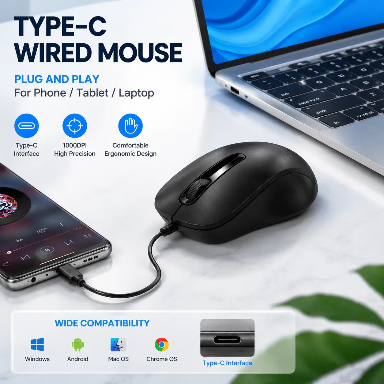 Type-C Mouse Ergonomic USB C Mice for Gaming 3 Buttons 1000DPI Computer Mouse Gamer for PC/Laptop/Desktop