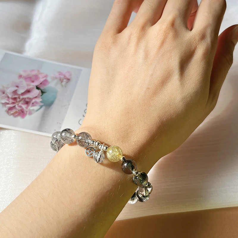Natural Genuine Black Rutilated Quartz Bracelet Green Phantom Quartz Crystal Jewelry Women Gemstone Stretch Jewelry