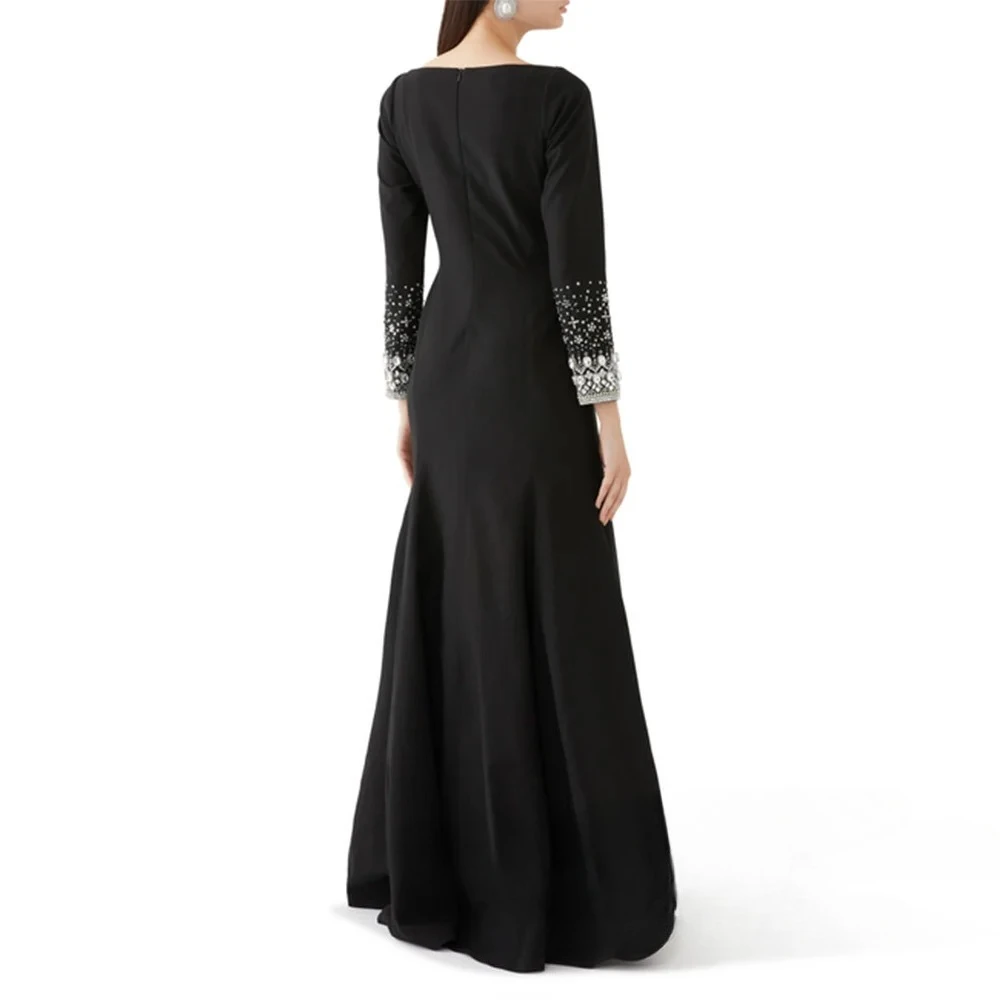 فستان سهرة جيرسي أسود مع كيب حورية البحر فستان حفلة كريستال ستون كم طويل طول الأرض فساتين الحفلات الرسمية حسب الطلب