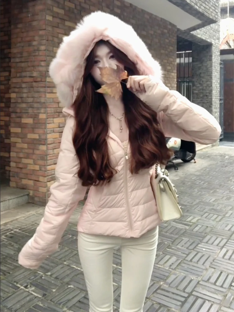 Damen Thiened White Du Down Jaet-Mantel mit Pelzkragen, tailliertem, wärmendem Brotmantel, Reißverschluss-Design