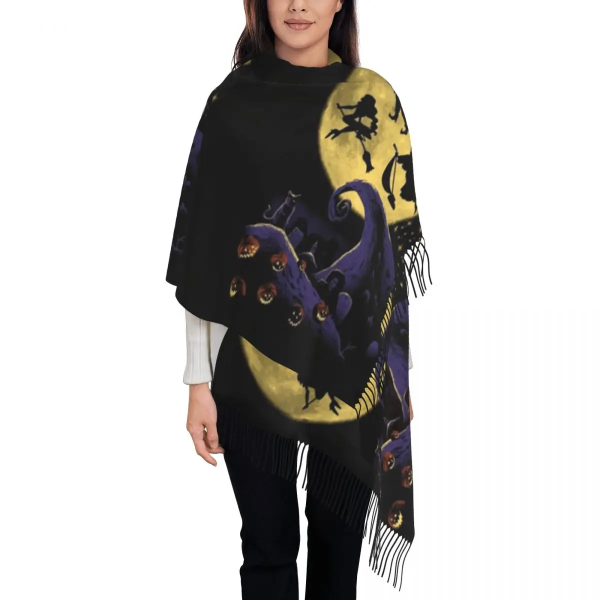 Custom Witch Halloween Hocus Pocus Tassel Scarf Women Soft Shawl Wrap Ladies Winter Scarves