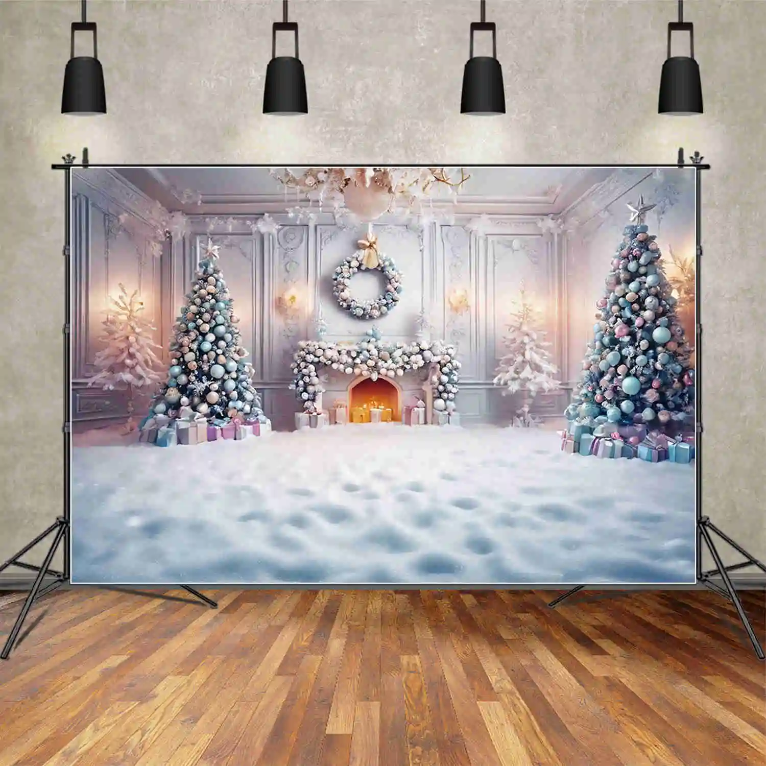 

MOON.QG Christmas Living Room Background Ornaments Tree Fireplace Frozen Snow Backdrop Party Decorations Photo Zone Accessories