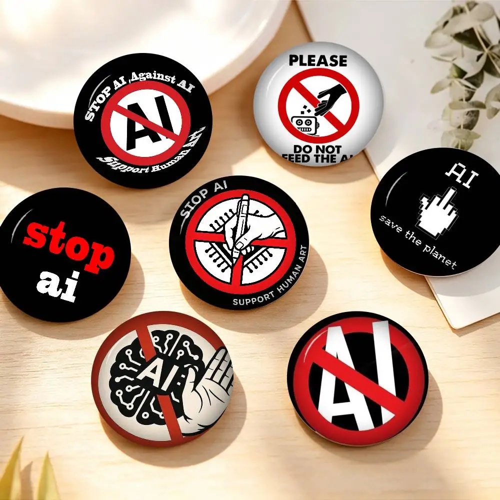 FOR STOP AI Against AI Support Human Art Coin Badge Funny Cartoon Pins Backpack Clothing Brooch Accessories Jewelry
