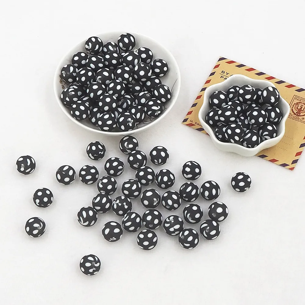 

Chenkai 50PCS 12mm Balck Ball Print Silicone Beads Baby Round Shaped Beads Teething BPA Free DIY Sensory Chewing Toy Accessories