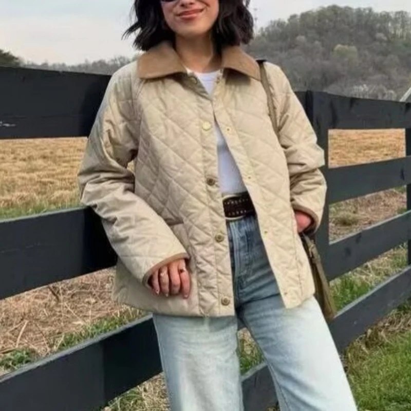 

Autumn Winter 2025 Lapel Plaid Cotton-padded Jacket Women Vintage Contrast Stitching Buttons Warm Coat