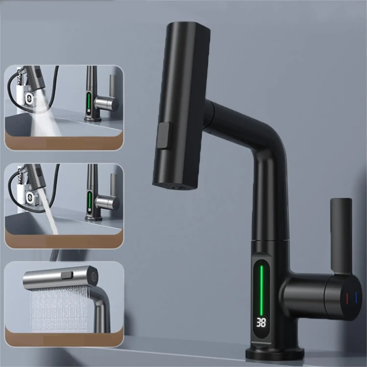 

Digital Display Pull-out Waterfall Basin Faucet Three Function Hot Cold Smart Water Tap for Washing