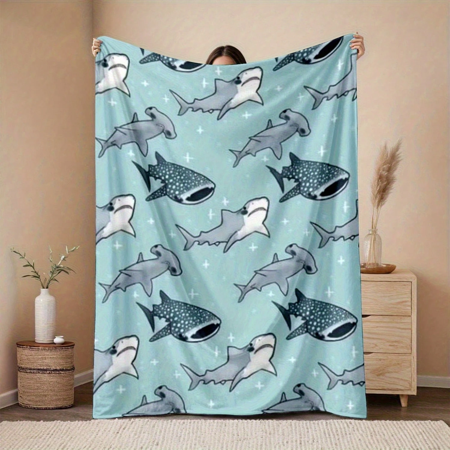 Sharks and Whales Marine Organisms Blanket Flannel Printed Blanket for Camping&Travel Suitable for Sofa Bedroom Living Room Bed