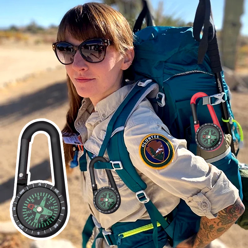 Mosquetón con brújula para exteriores, Mini llavero para acampar, montañismo, senderismo, mochila, hebilla con brújula, regalos de supervivencia para niños