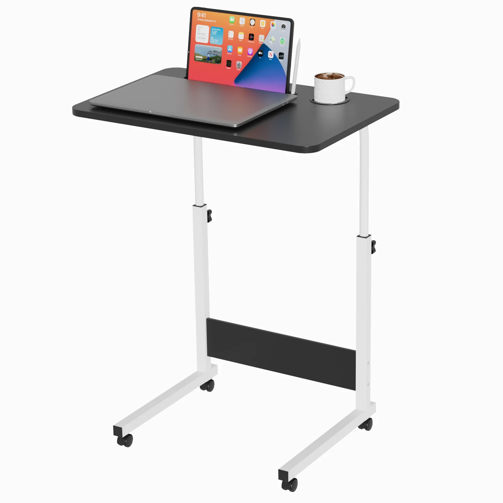 Mesa de cama ajustable en altura de 60x40 con ruedas, mesa para portátil con ranuras de bloqueo, mesa móvil para ordenador, adecuada para sofás y portátiles