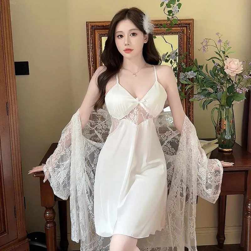 

Two Piece Womens Lace Bathrobe Set Summer Rayon Robe Gown Lady Nightdress Sleep Suit Sleepwear Kimono Negligee Home Clothing