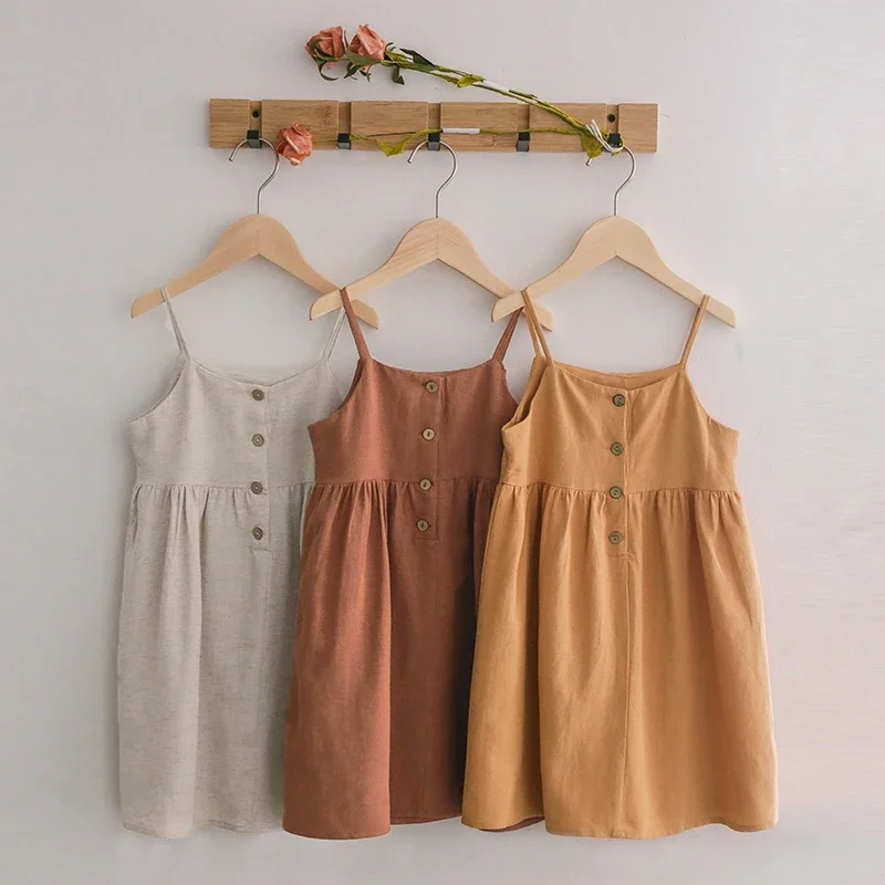 

55% Linen 45% Viscose Girl's Fashion Summer Dress Casual Strapless Button Dress For Kids Girl